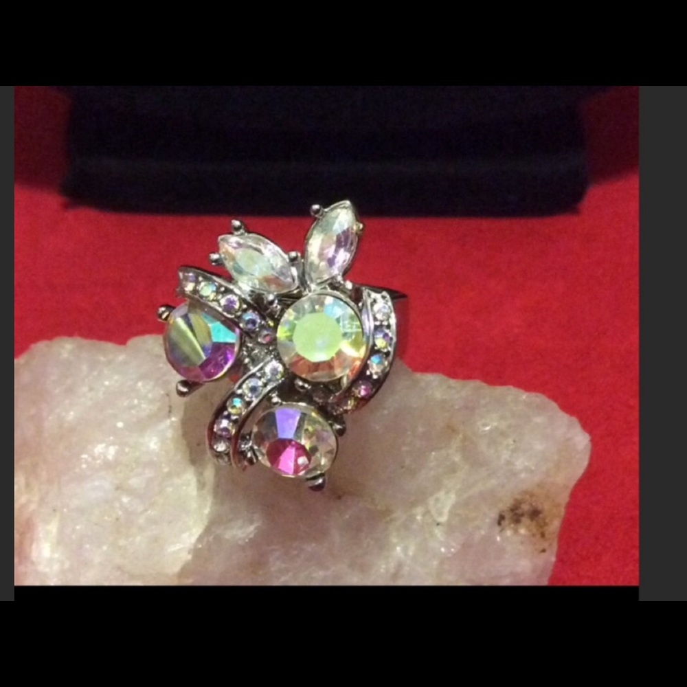Fab Aurora Borealis Bling Ring in Silver setting.